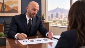 Phillips Law Group attorney explaining a vehicle-collision timeline to a client in a Phoenix office.