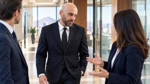 Nasser Abujbarah walking with colleagues in a modern Phoenix law office.