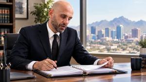 Nasser Abujbarah reviewing legal research materials in a Phoenix office.