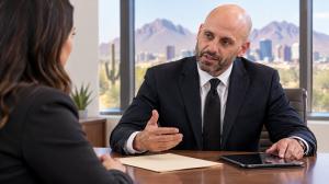 Nasser Abujbarah speaking with a client during a Phoenix office consultation.