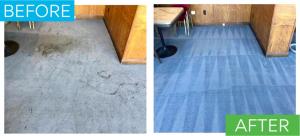 Office carpet before cleaning with dark spots and soiling, and after cleaning with a more uniform appearance and grooming lines.