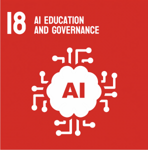 SDG 18 - AI EDUCATION & GOVERNANCE, Red Square White Letters, AI Brain with Circuit Wires extending outward