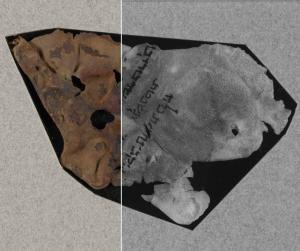 A manuscript artifact digitized in conventional and multispectral imaging.