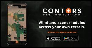 The Contors hunting map app on an iPhone, showing a mapped whitetail property with stands, cameras and scent drift rendered over satellite imagery.