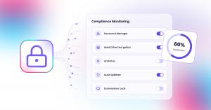 WebWork Compliance Monitoring panel listing five device checks: Password Manager, Hard Drive Encryption, Antivirus, Auto Updates and Screensaver Lock, next to a 60% compliant rate indicator.
