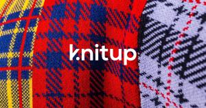 The Knitup logo with a colorful jacquard swatch background