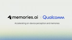 Logo lockup for Memories.ai and Qualcomm, with the headline “Accelerating on-device perception and memories” on a clean white-to-blue gradient background.