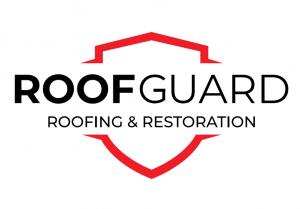 Logo of Roof Guard Roofing & Restoration featuring a red shield outline and black text on a white background.