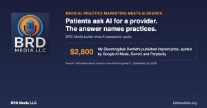 BRD Media medical practice marketing and AI search card showing a $2,800 published implant price quoted by AI assistants
