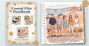 Cover of The Official Coastal Elite Handbook beside an illustration of five people in beach clothes with a golden retriever.