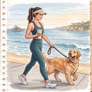 Illustration of a woman in a sun visor walking a golden retriever named Cooper along a beach path, with a yacht offshore.