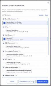 Gladstone Interview Bundle window showing three of 12 documents selected, with share link and download options.