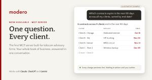 Modero MCP server graphic showing an AI chat answering which contracts expire in the next 90 days across all of an advisor's clients