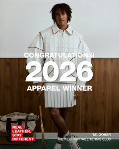 Model wearing Tal Zohar’s white leather Neo-Heritage Tennis Club design, winner of the RLSD 2026 International Apparel category.