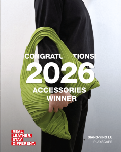 Model carrying Siang-Ying Lu’s green sculptural leather bag Playscape, winner of the RLSD 2026 International Accessories category.