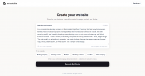 Instantsite AI website builder showing a business description used to generate a complete website.