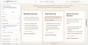 Instantsite visual editor showing editable service content for a generated cleaning business website.