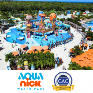 Aerial view of Nickelodeon-themed water park with colorful slides, pools, palm trees, visitors, and CAC certification logos.