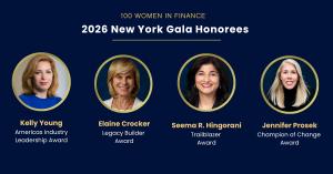Graphic featuring the four 2026 New York Gala honorees, with their names and awards, over a New York City evening scene.