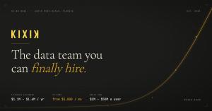 The Kixik wordmark over the line "The data team you can finally hire," with a rising curve and three figures: $1.1 million to $1.6 million a year to build a data team in-house, from $5,000 a month to hire Kixik, for businesses doing $2 million to $50 mill