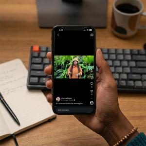 Hand holding a phone showing an Instagram post from shaninadionna, a video still of a woman in a yellow hat standing among green plants at the "museum of living plants," captioned about a short film she produced
