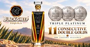 Black Sheep Single Estate Añejo bottle beside three San Francisco World Spirits Competition Platinum medals, 2024–2026, and the words 11 Consecutive Double Golds.