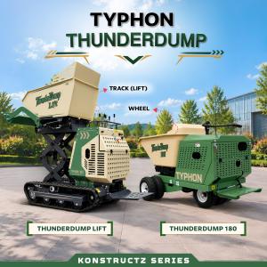 Promotional graphic displaying the TYPHON THUNDERDUMP LIFT high-lift tracked dumper side-by-side with the THUNDERDUMP 180 wheeled dumper with a rotating hopper.