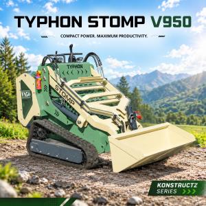 TYPHON STOMP V950 compact tracked skid steer loader in green and beige finish parked on an outdoor dirt terrain with a mountain backdrop.