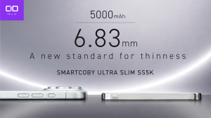 Product graphic for CIO's SmartCoby Ultra Slim SS5K showing "5000mAh" and "6.83mm, a new standard for thinness" beside a side profile comparison of the ultra thin power bank next to a smartphone on a reflective dark surface.