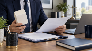 Attorney reviewing trademark paperwork and product packaging