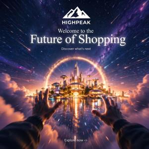 HighPeak “Future of Shopping” promotional image featuring a futuristic city skyline, immersive perspective, and the HighPeak brand message.
