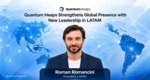 Roman Romancini, newly appointed President, Latin America at Quantum Heaps, shown in front of a world map linking the company's Singapore headquarters to Latin America.