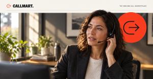 AI-generated Callmart launch image of a fictional insurance professional wearing a headset at a desk, with the Callmart wordmark and red arrow.