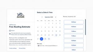 Online booking calendar for a free 45-minute roof estimate from Lifetime Roofing & Renovation