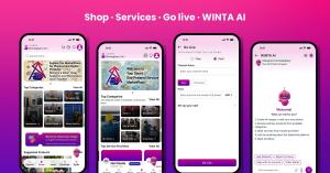 SplashArk app screens for shop, services, live selling and the WINTA AI assistant
