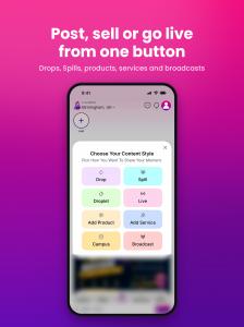 SplashArk create menu with options to post, go live or add a product or service