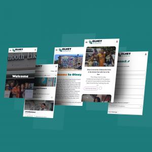 Five overlapping phone screens showing the Olney Community Collaborative website on a teal background, including a welcome screen with a storefront photo, a business directory listing CVS Pharmacy and a laundromat, a homepage introducing the Olney neighbo