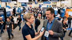 An exhibitor on a busy trade show floor, scanning an attendee's badge using a mobile device.