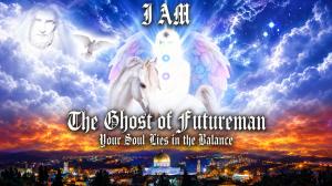 The Ghost of Futureman feature film promotional image announcing a $1 million finder’s fee, with celestial artwork, a white horse and spiritual imagery.