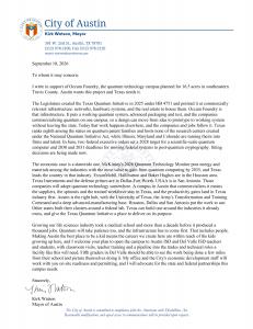 Letter from Austin Mayor Kirk Watson on City of Austin letterhead, dated September 10, 2026, expressing support for the Occam Foundry quantum technology campus.