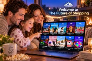 Family shopping on HighPeak using a laptop displaying branded product cards with titles, subtitles, images, and prices.