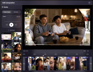 Screenshot of the yul.io video editor showing contributed video clips, photos, music controls and the video timeline.