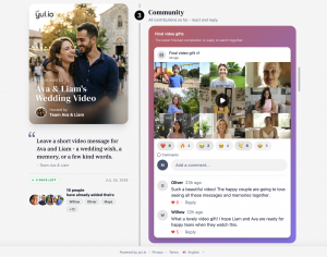 Screenshot of a yul.io wedding video project showing the invitation, finished group video, reactions and community comments.