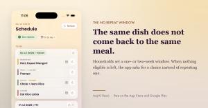 Aaj Ki Rasoi schedule screen on a phone showing a 13 to 26 July window, with breakfast, an 11 AM fruit, lunch and dinner planned for 16 July and the next day below.