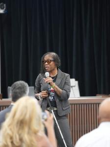 L.D. Howard introduces herself to candidate forum attendees