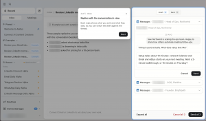 Screenshot of the Addys AI meeting assistant app showing a drafted LinkedIn reply next to the original conversation, with Cancel and Send buttons