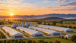 Illustration of a commercial poultry farm at sunrise, showing poultry houses, ventilation fans, feed silos and surrounding fields.