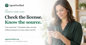 AgentVerified launch graphic with the official shield and wordmark beside Check the license. Know the source.