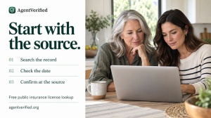 Official AgentVerified shield and wordmark above Start with the source, with two women reviewing a laptop and three license-check steps.