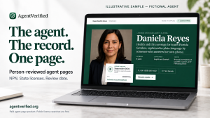 Official AgentVerified shield and wordmark beside The agent. The record. One page. and a fictional sample agent page on a laptop.